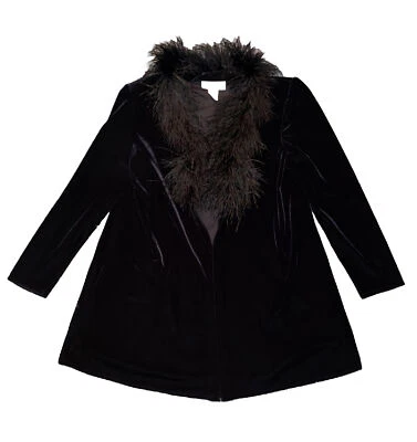 Abrigo negro abierto de terciopelo largo Patra vintage con ribete de pluma de avestruz talla SM Foto 1 de 4