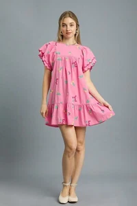 Umgee Mini Dress Pink Floral Embroidered Short Sleeve Ruched - Picture 1 of 3