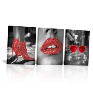 3 Pieces Women Bedroom Decor Canvas Wall Art Prints Red Lips Fashion High - Picture 1 of 7