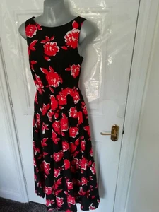 Vintage LAURA ASHLEY Size 8 Black Red White Floral Long Smart Dress Cotton - Picture 1 of 9