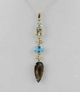 Green Amethyst Smokey and Blue Topaz Pendant Necklace 14K Yellow Gold 18" Chain - Picture 1 of 4