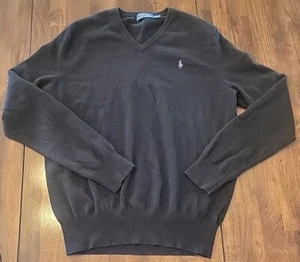 POLO / RALPH LAUREN - 100% MERINO WOOL Mens M Black VNeck Embroidered Sweater - Picture 1 of 14