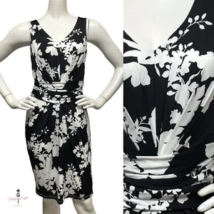 MAX MARA Studio Stretch Jersey Black White Floral Dress Ruched Banded Waist S M - Picture 1 of 12