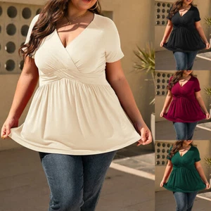 Women's V-Neck Casual Blouse Summer Shirt T-Shirt Short Sleeve Wrap Party Tops - Picture 1 of 18
