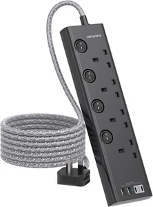 Black Extension Lead with 4 USB Slots(2 USB C)4 Way Plug Extension Socket - Picture 1 of 7