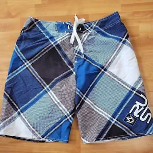 Rusty Men Blue White Check Boardwalk Swim Trunk Shorts 13" Inseam , Size 34 - Picture 1 of 9