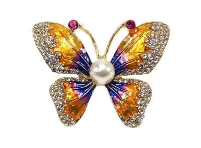 Broche Pin Mariposa Cristal en Naranja, y Azul y con una Perla Blanca Nuevo Foto 1 de 4