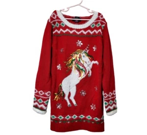 Girls It's Our Time White Unicorn Tunic Christmas Red Sweater Sz L 14 - Picture 1 of 10