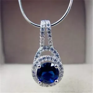 3.30Ct Round Cut Blue Sapphire 14k White Gold Plated Halo Pendant W/ 18" Chain - Picture 1 of 4