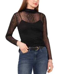 VINCE CAMUTO Mock Neck Long Sleeve Mesh Top Women's XS Black Button Back Closure - Picture 1 of 16