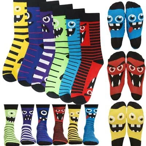 6 Pack Novelty Monster Socks Cotton Rich 2 Designs in 1 Sock Matching Adult/Kids - Picture 1 of 5