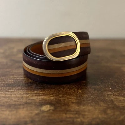 Cinturón de cuero suave A. Testoni para hombre a rayas clásico hebilla dorada diseñador Italia marrón Foto 1 de 4