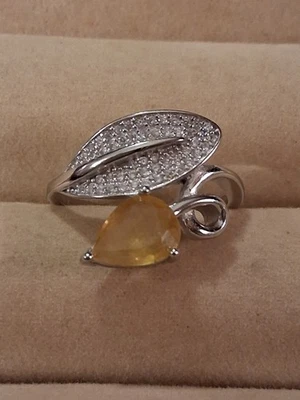 Natural Sapphire 9x7mm & Simulated CZ's,  14KWG Plate Sterling Silver 925, 8.5 - Image 1 of 4