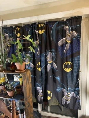 Vintage Batman Curtains Black Blue Yellow Fab Graphics 66”x40~Man Cave Boys Kids - Image 1 of 4
