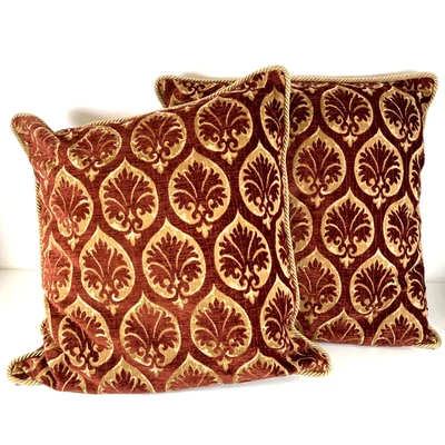 2 x Vintage Gold Rust Damask Cushions with Piping - 55x55cm - with Pads - Image 1 of 4