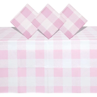 3 Pack Pink Plaid Table Covers for Camping Themed Party Supplies, 5 x 9 Feet - Image 1 of 4
