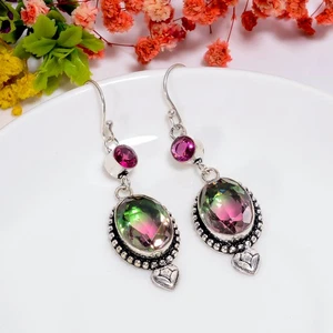 Bio Tourmaline Quartz Turquoise Gemstone 925 Sterling Silver Earrings 2.4" p966 - Picture 1 of 6