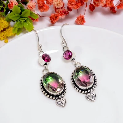 Pendientes de plata de ley 925 con piedras preciosas turquesa de cuarzo turmalina bio 2,4" p966 Foto 1 de 4