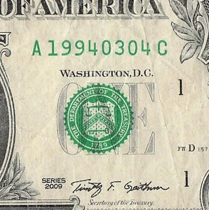 MAR 04 1994 Birthday Fancy Serial Number Date Note One Dollar Bill 03 04 1994 - Picture 1 of 11