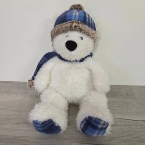 GT Gentle Treasures Weißer Bär Blau Kariert Mütze Schal Plüsch Stofftier 16 Zoll - Bild 1 von 6
