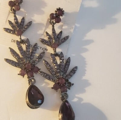 Purple Rhinestone 3"dangle Pendant Flower Evening Earrings On  Pewter Tone - Image 1 of 4