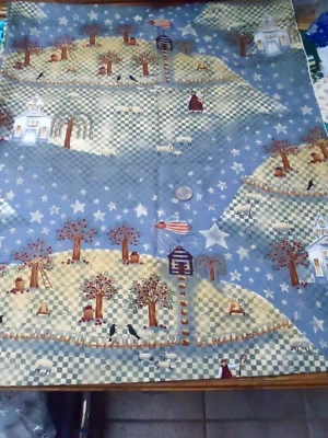 "Country Playhouse" Primitive Country Scene on Blue Cotton Fabric OOP - Image 1 of 3