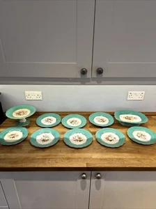 English Late 19th Century Plates Cake Stand Floral Décor, Green and Gold Trim - Picture 1 of 24