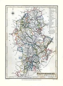 Vintage English County Map of Staffordshire 1848 Antique Repro Print A3 A4 - Picture 1 of 6