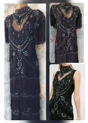 A star is born Asos black Lace 20s Deco tassel beaded Festival evening dress 22 - Image 1 of 4