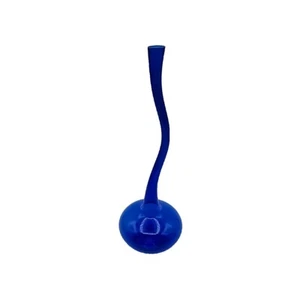 Cobalt Blue Curved Stretch Hand Blown Art Glass Vase Bent Long Neck 13" Tall - Picture 1 of 15