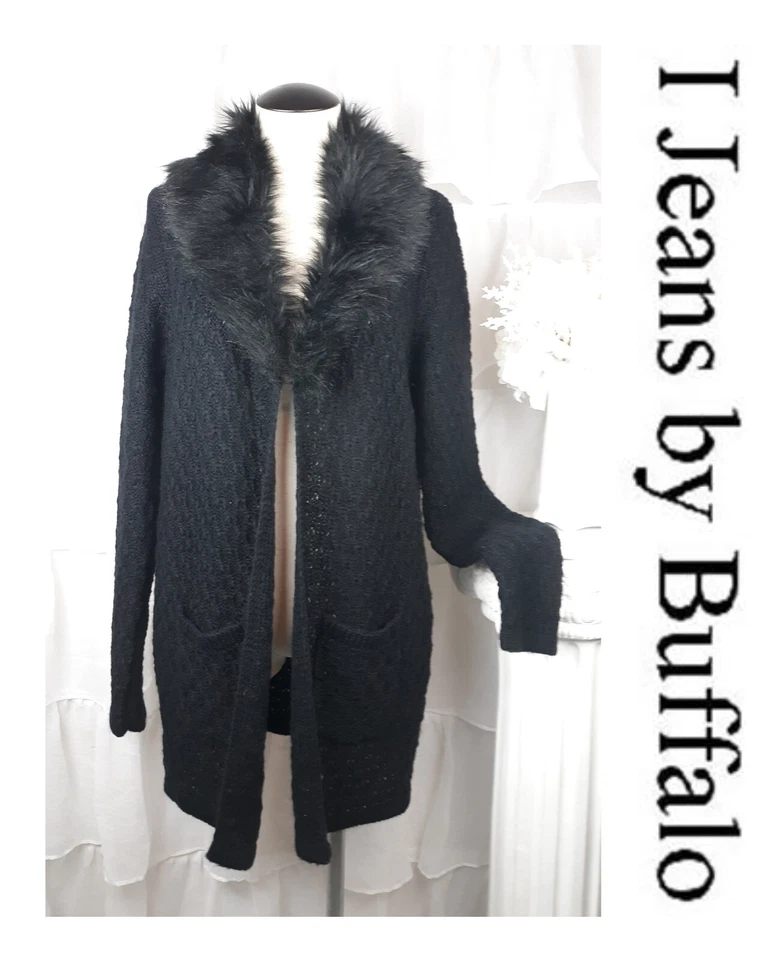 Я джинсы на Buffalo черный кардиган свитер искусственного меха воротник размер маленький новый с Ярлыками $85 - Изображение 1 из 4