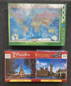 Eurographics Puzzle 1,000 Pieces & Keepsakes Eiffel Tower & Big Ben 500 P Each - Picture 1 of 12