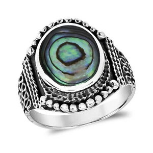 Anillo de plata esterlina ovalado estilo balinés abulón arco iris vintage-11 - Imagen 1 de 5