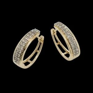 9ct Two Tone Diamond Set Hoop Earrings 0.25ct TDW 3g Preloved VAL $1100 - Picture 1 of 13