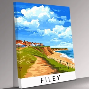 Filey Travel Print On Canvas Wall Art Ready To Hang Vector Style - Picture 1 of 7
