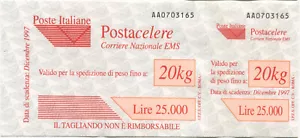 1997 Repubblica Postacelere 25.000 lire rosso senza croce di sicurezza - Foto 1 di 1