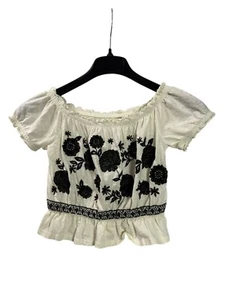 American Eagle Womens White Black Floral Embroidered Off Shoulder Crop Top XS - Picture 1 of 6