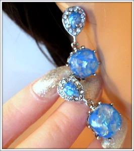 OPAL BLUE GEMSTONE LADIES DANGLE DROP SILVER EARRING 3CM L - Picture 1 of 9