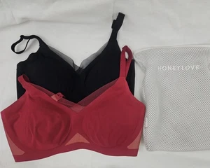 2x Honeylove S CrossOver Full Bra Black Red Mesh Wireless Garment Bag Free S/H - Picture 1 of 14