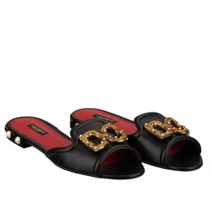 DOLCE & GABBANA DG AMORE Logo Pearl Brooch Leather Sandals Mules Black 38 8 - Picture 1 of 7
