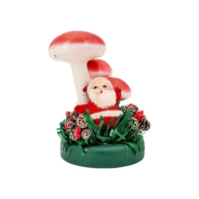 Estatueta de Natal vintage japonesa retrô flocada Papai Noel cogumelo em base de madeira - Imagem 1 de 4