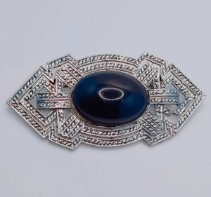 Vintage Cabochon Collar Brooch MCM 1980s Oval Black Stone Silver Tone Brooch Pin - Picture 1 of 8