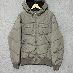 Guess Puffer Jacket Men Medium Gray Full Zip Hooded Pockets Quilted - Picture 1 of 12
