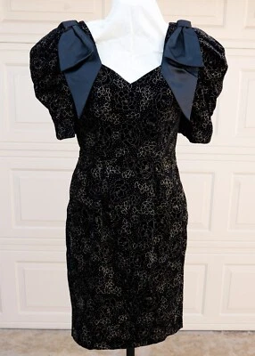 Vtg 80s Scarlett Nite Black Puff Sleeve Gold Glitter Floral Big Bow Dress Sz 5 - Image 1 of 4