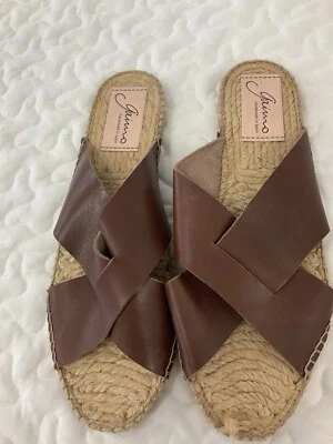 Alpargatas Gaimo Hechas a Mano Cuero Marrón Punta Abierta Sin Cordones Rafia Talla 40 9 Foto 1 de 4