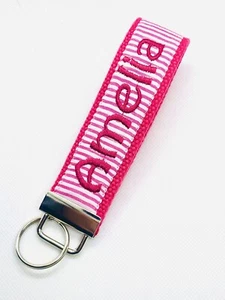 Personalized Wristlet Key Fob/ seersucker/ Stripes/ Pink / Monogram/ Key Ring - Picture 1 of 7