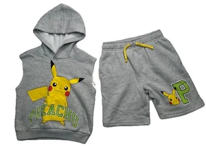 POKEMON Pickachu Hooded Sweat T- Shirt & Shorts Kids Boys Size Small 3pc Set - Picture 1 of 12
