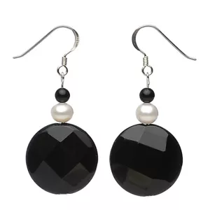 Orecchini Pendenti con Onice Sfaccettato Nero Dolce Perle Bianco 925 Argento - Foto 1 di 3