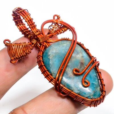 Hermosa joyería colgante de alambre artesanal de piedras preciosas de apatita de cobre 2,5" G08 Foto 1 de 4