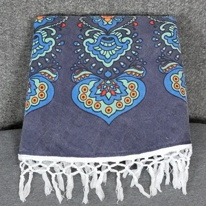 World Market Throw Blue 100% Cotton Blanket Moroccan Boho Fringed 6' Round - Picture 1 of 5